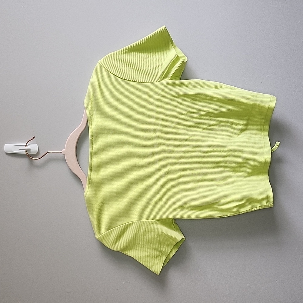NWOT ZARA Neon lime green yellow v-neck ribbed drawstring crop top - Picture 7 of 9